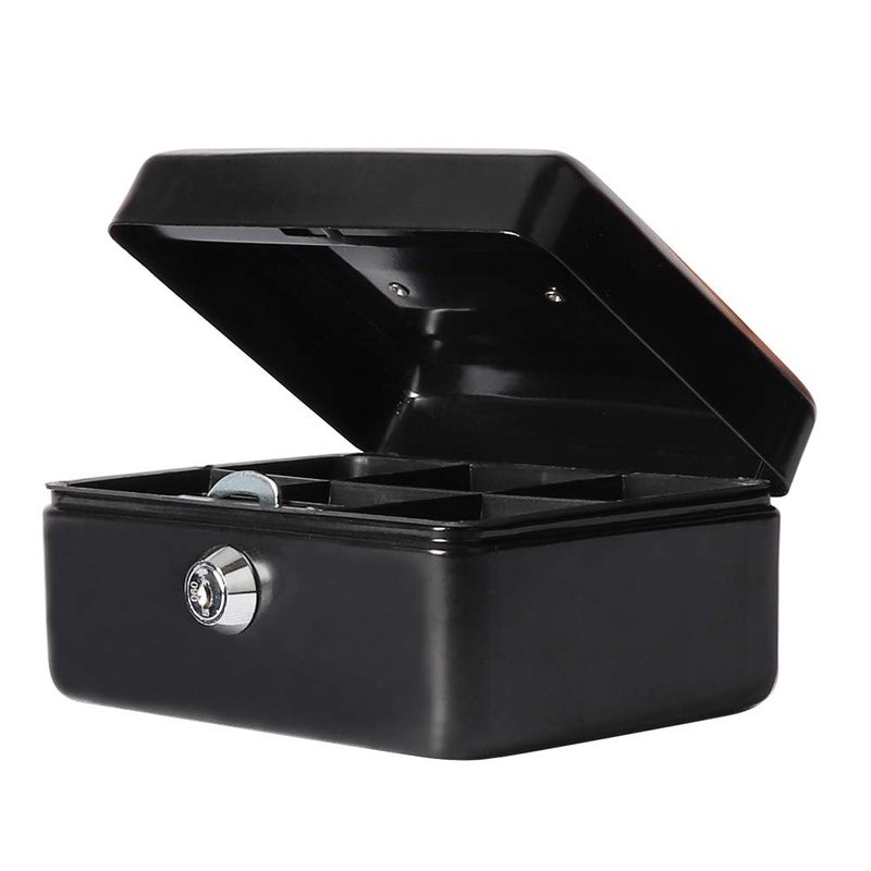 Decaller Small Cash Box with Key Lock, Decaller Portable Metal Money Box with Double Layer & 2 Keys for Security, Black, 6" x 4 4/5" x 3 1/5", QH1509XS - Image 1